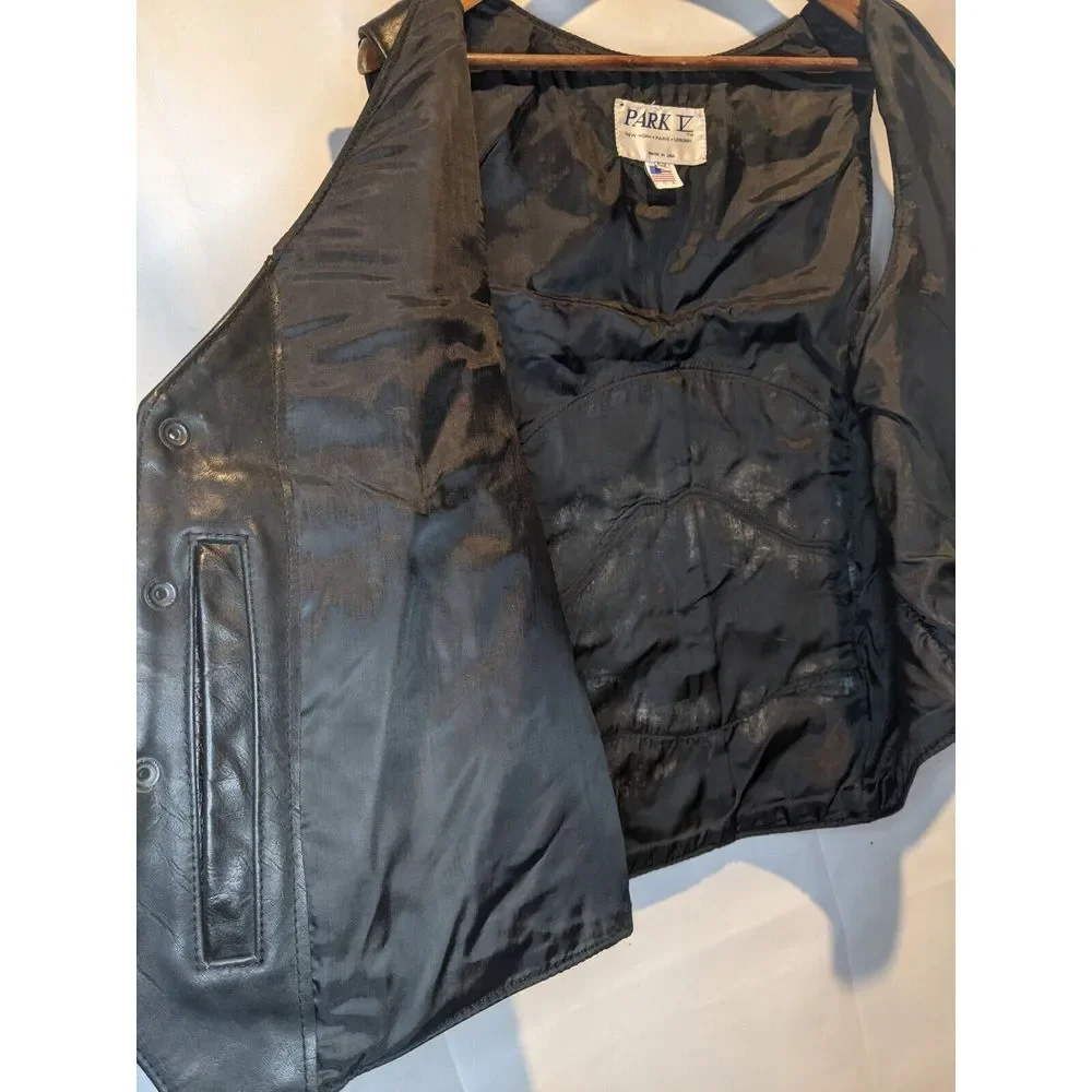 Vintage Park V 100% Leather Motorcycle Vest Harley‎ Owners Group Patches Mens 52